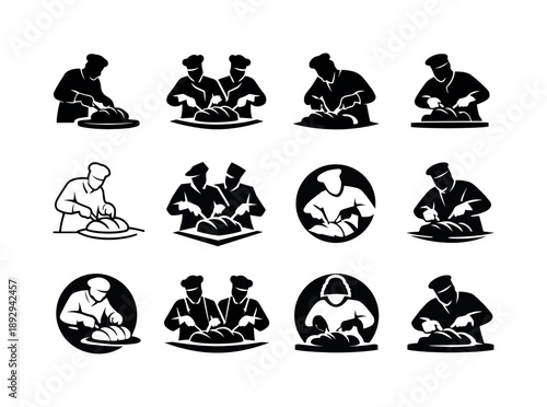 Chef Carving Icons. A chef carving a beautifully roasted piece of meat at a carving station. Icon set. Set Logo of chef carving meat: silhouette of carving in