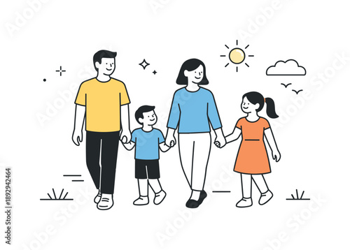 Outdoor Leisure Scene. People spending time outdoors. A simple scene of friends or family walking together, sitting on a bench, or having a picnic, showing