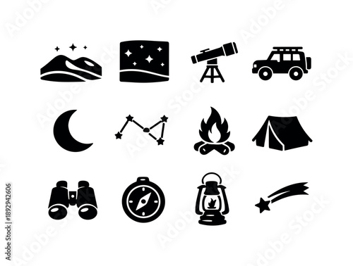 Desert Stargazing Icons. Desert Stargazing Safaris. Solid icon set of Desert Stargazing Safaris: desert dunes, night sky stars, telescope, safari jeep,