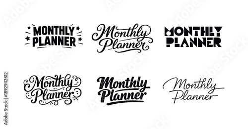 Creative Lettering Variations. Monthly Planner Header. Set lettering. harmonious lettering variations of the same emblematic concept, each with different