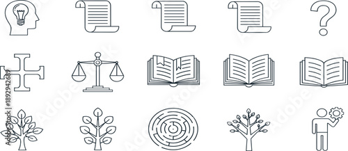 PrintComprehensive collection of linear icons representing education law justice creative thinking human growth and academic learning for professional graphic design.