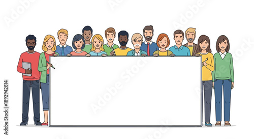 Diverse group of people standing behind a large blank white board with two individuals holding it on either side against a plain white background.