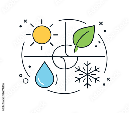 Seasons in Geometry. Abstract nature seasons geometry. Simple geometric icons of sun, leaf, drop and snowflake integrated into a unified composition. Clean