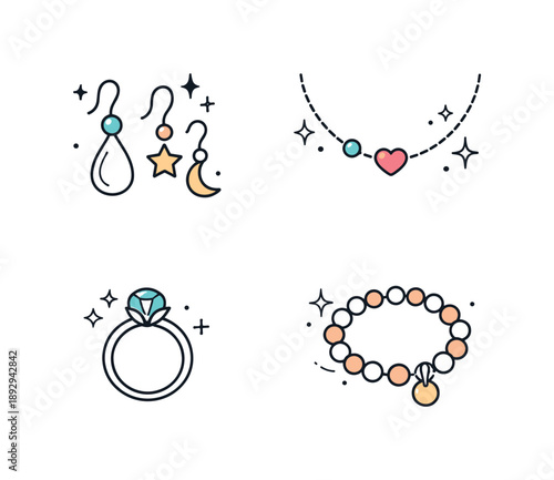 Elegant Jewelry Icons. Fashion accessories icons. A playful yet elegant icon collection of earrings, necklaces, rings, and bracelets, floating lightly with