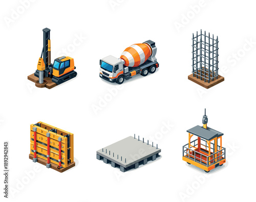 Skyscraper Construction Icons. Skyscraper construction. Isometric flat vector icons set of Skyscraper construction: pile driving machine, concrete mixer truck,