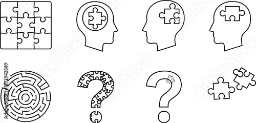 PrintComprehensive collection of linear icons representing puzzle pieces problem solving logic and mental strategy for educational and professional graphic design projects.