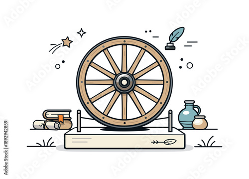 Timeless Wagon Wheel. Historical wagon wheel. A stylized wagon wheel displayed like a museum object, clean and quiet. The scene reflects history, tradition,