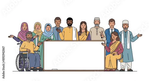 Diverse group of people standing behind a large blank white board on a clean background, conveying unity and inclusivity with a flat illustration style.