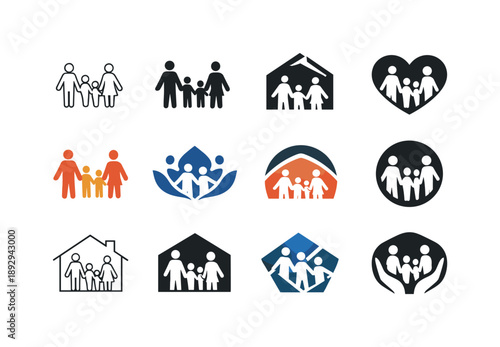 Family Support Icons. Family support systems in times of crisis. Icon set. Set Logo of family support systems in times of crisis: family holding hands.