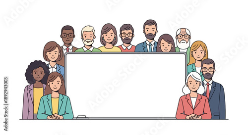 Vector illustration of diverse people standing around and sitting by a large blank white board on a clean background, conveying a sense of unity and collaboration.