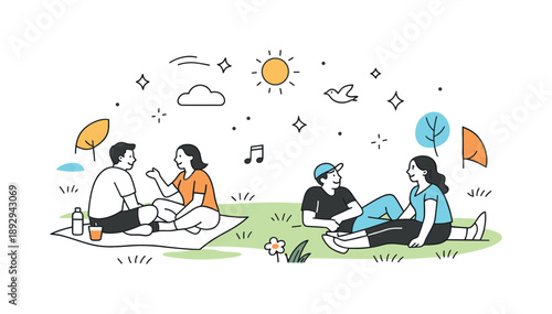 Peaceful Lawn Gathering. Outdoor leisure scene. People relaxing on a green lawn, sitting and chatting peacefully under open sky. Calm free time,