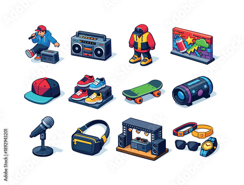 Street Culture Icons. Street culture music fashion. Colorful isometric vector icons set of Street culture music fashion: street performer, boombox, hoodie