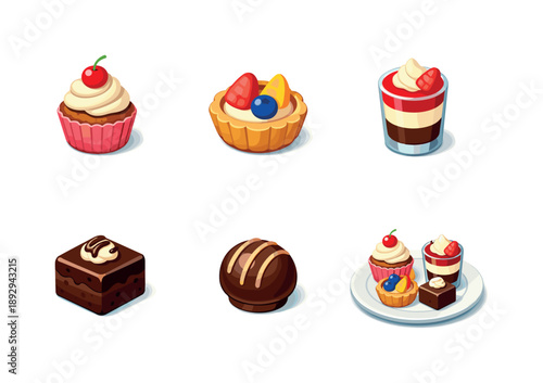 Mini Dessert Icons. Mini desserts. Isometric flat vector icons set of mini desserts: mini cupcake, mini fruit tart, shot glass dessert, bite-sized brownie,