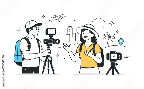 Urban Travel Vlog. Travel vlog in progress. A person talking to camera while a friend holds a tripod, light equipment and urban surroundings. Editorial moment
