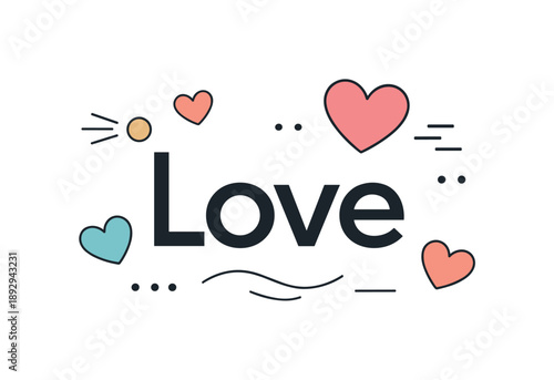 Modern Love Card. Modern Valentine?s card. Bold clean ?Love? typography with floating hearts and abstract decorative lines. Minimal geometric layout ideal for