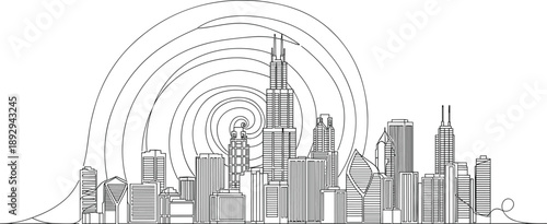 PrintContinuous Line Art Illustration of Modern City Skyline with Abstract Swirls Representing Urban Growth Architecture Energy Connectivity and Metropolitan Development Concept
