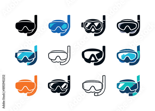 Snorkeling Mask Logos. Snorkeling mask. Icon set. Set Logo of snorkeling mask: mask with snorkel tube attached. harmonious logo variations of the