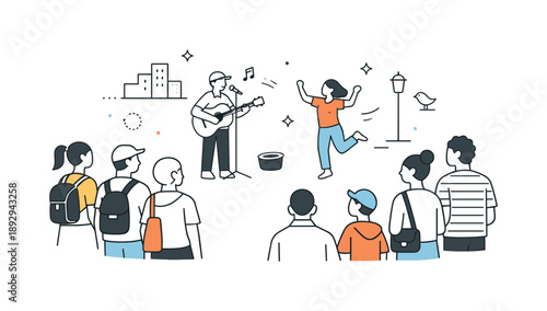 Urban Performance Gathering. Street art audience. People standing at different distances, watching a street performance with calm interest. The illustration