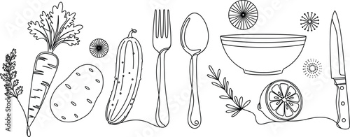 PrintContinuous Line Art Illustration of Healthy Cooking Ingredients Featuring Carrot Potato Cucumber Fork Spoon Bowl Lemon and Kitchen Knife Outline