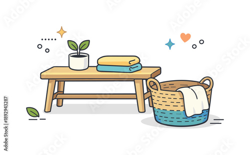 Minimalist Wood Furniture Design. Natural wood furniture details. A calm corner scene with a light wood bench, woven basket, and soft shadows. Balanced