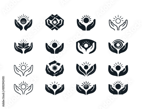 Therapeutic Touch Icons. Therapeutic touch. Icon set. Set Logo of therapeutic touch: balanced energy hands. harmonious logo variations: Symmetrical form,