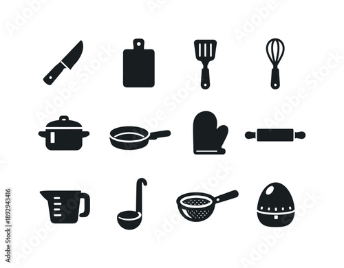 Black Kitchen Icons. Kitchen tools. Solid icon set of kitchen tools: knife, cutting board, spatula, whisk, saucepan, frying pan, oven mitt, rolling pin,
