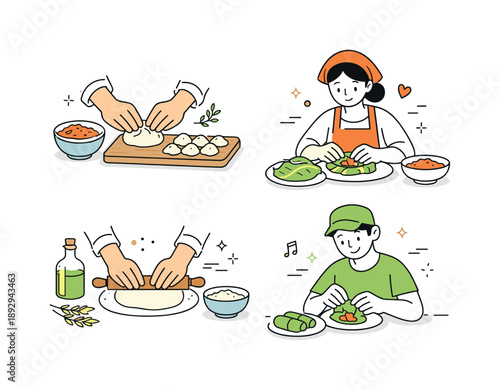 Traditional Food Crafting. People preparing traditional food handmade dishes. Hands shaping dough or assembling food with care. Slow process and appreciation