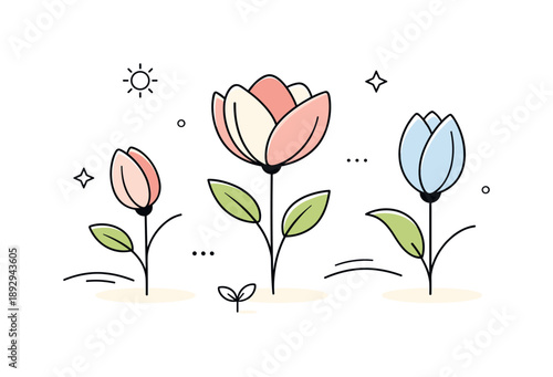 Minimalist Floral Bloom. Almost in bloom. Abstract floral shapes slowly opening, balanced and minimal in composition. Calm feeling of patience, growth, and