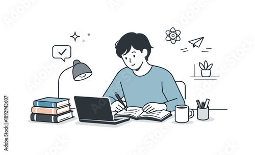 Serene Study Space. People studying at home. A person sitting at a tidy desk with books, a laptop, and soft lighting, showing quiet focus and self-paced