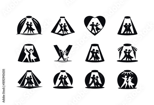 Performance Logo Variations. The art of performance and dance in theatrical settings. Icon set. Set Logo of the art of performance and dance in theatrical