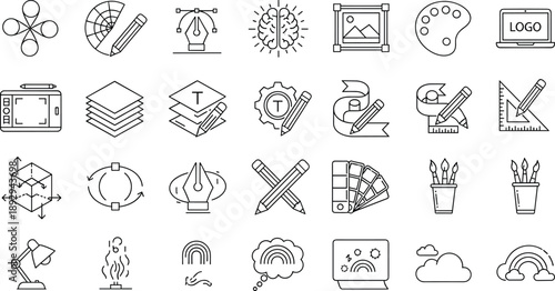 PrintGraphic Design and Art Tool Icon Set Featuring Pen Tool Color Palettes Digital Tablets Layers Brushes Typography Logo Design and Creativity