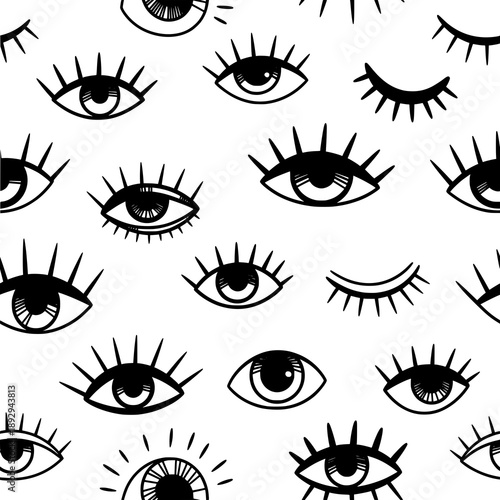 Abstract seamless eye pattern vector with hand drawn open and closed eyes and lashes