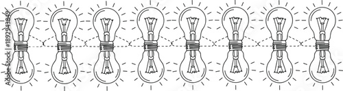 PrintHorizontal seamless pattern of glowing light bulb icons in a line representing creativity, innovation, bright ideas, and continuous electrical energy solutions. (21 words)