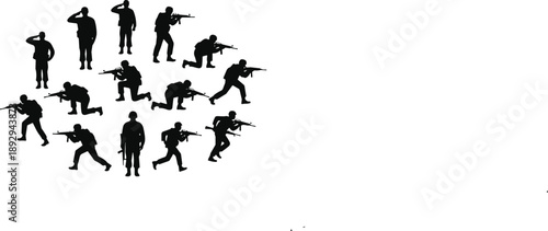 Large collection of black military soldier silhouettes featuring troops saluting aiming rifles and running in combat positions isolated on a white background