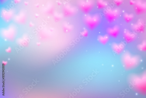 Heart romantic background. Pink Valentine day card. Soft rose hearts float on blue purple backdrop with glowing stars and smooth color transitions. Pastel dreamy vector illustration
