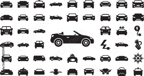Black car icon isolated on transparent background among various vehicle silhouettes