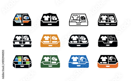 Organized Iconic Designs. Personalized home organization and decluttering. Icon set. Set Logo of Personalized home organization and decluttering: drawer with