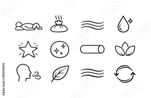 Restorative Therapy Icons. Restorative therapies. Line icon set of Restorative therapies: restorative pose, warm compress, gentle wave, aroma drop, soft star,