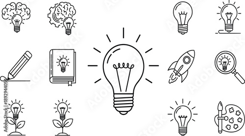 PrintLarge collection of thin line icons featuring creative lightbulbs brain gears rockets and pencils symbolizing innovation and big ideas on white background