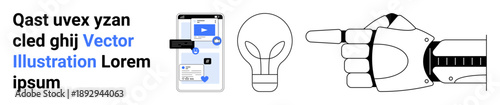 Technology, innovation, artificial intelligence, user interface, creativity, robotics. Smartphone interface, a light bulb and a robotic hand pointing. Technology and innovation concepts