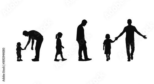 Silhouettes of fathers and children walking together