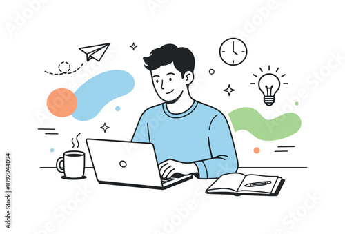 Calm Remote Workspace. Remote work. A professional working calmly on a laptop at home, sitting at a clean desk with coffee and notes. Focused independent work