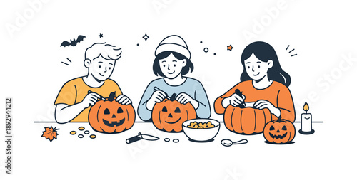 Pumpkin Carving Fun. Friends carving pumpkins. Friends sitting together at a table, carving pumpkins with simple tools. Cozy autumn activity and shared