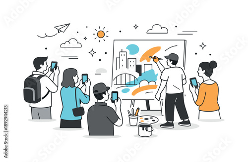 Urban Art Experience. Urban live art session. An artist creates a mural or canvas artwork in real time, with city-inspired abstract elements around. Viewers