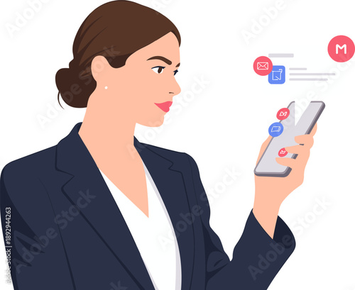 Person in blazer using smartphone, digital communication icons floating, multitasking concept, cartoon-style professional connectivity, email and productivity app illustration