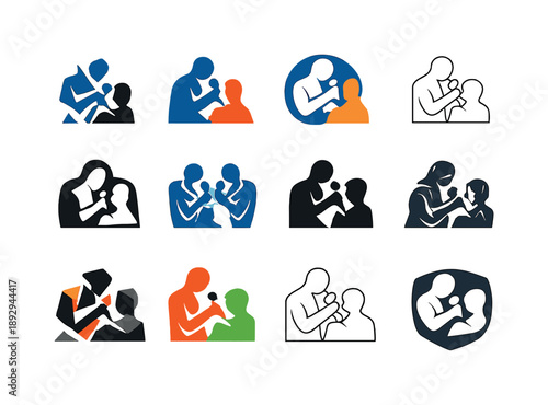 Creative Icons Grid. Inspired individuals engaged in creative processes (art, writing, music). Icon set. Set Logo of inspired individuals engaged in creative