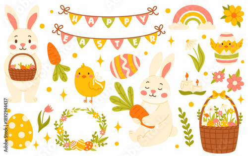 A set of Easter elements. Bunnies, Easter eggs, carrots, basket, wreath.