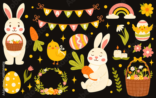 A set of Easter elements on a dark background. Bunnies, Easter eggs, carrots, a basket, and a wreath.