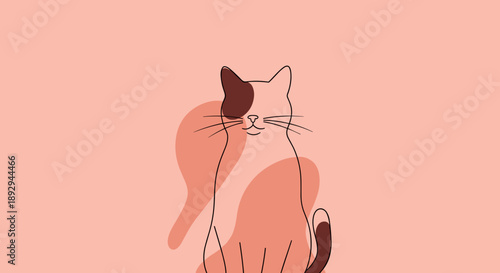 Minimalist Line Art Cat Illustration with Abstract Shapes.