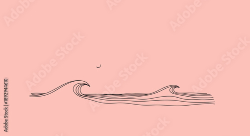 Minimalist Line Art Ocean Waves and Bird Illustration.